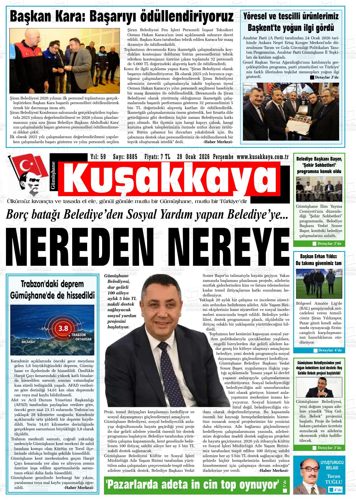 30 Ocak 2026 - Cuma tarihli KUŞAKKAYA gazetesi ilk sayfası