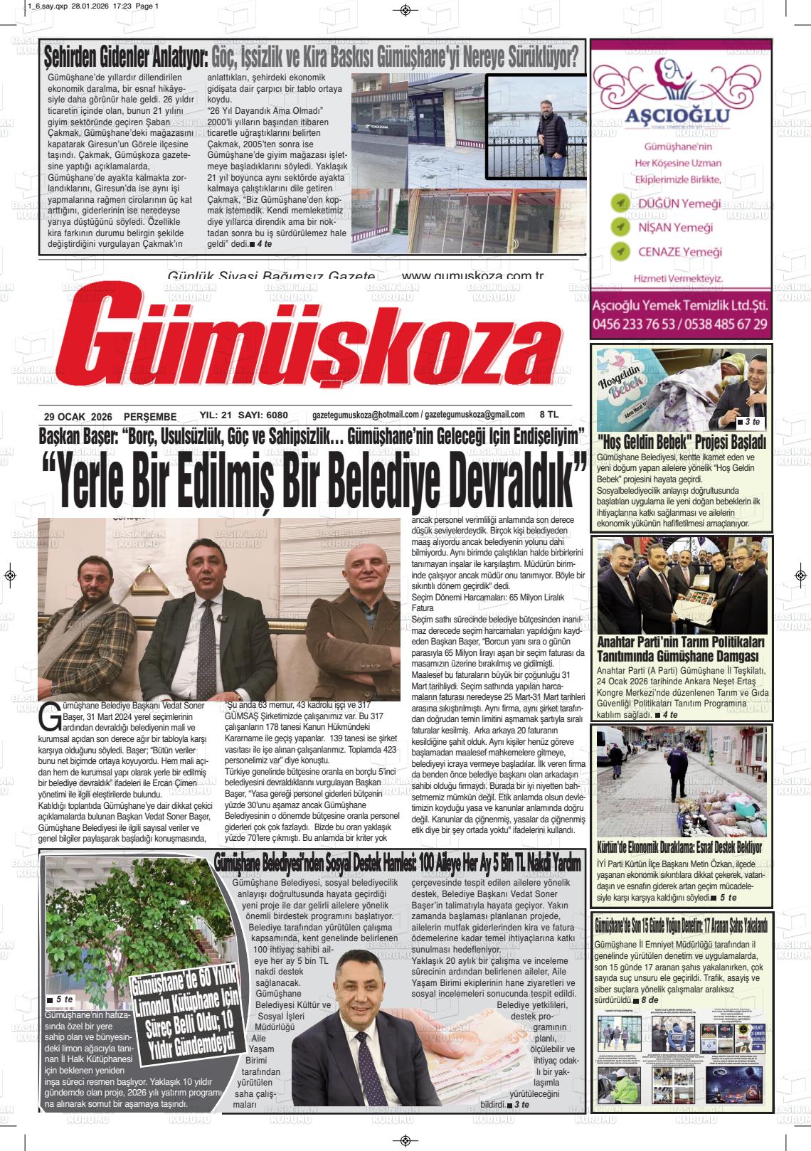 30 Ocak 2026 - Cuma tarihli GÜMÜŞKOZA gazetesi ilk sayfası