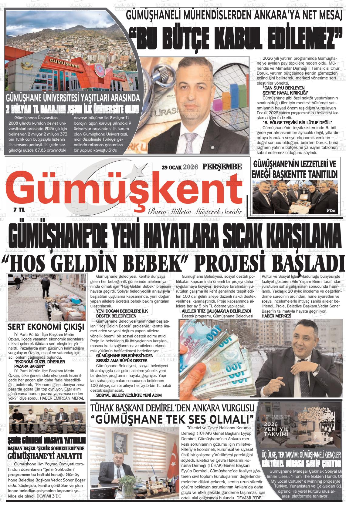 30 Ocak 2026 - Cuma tarihli GÜMÜŞKENT gazetesi ilk sayfası