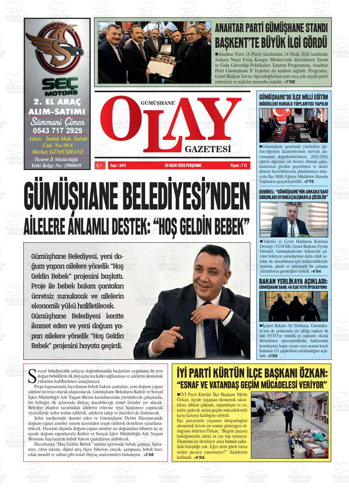 30 Ocak 2026 - Cuma tarihli GÜMÜŞHANE OLAY gazetesi ilk sayfası